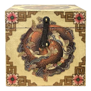 Chinese Distressed Beige Cream Double Fishes Graphic Square Shape Box