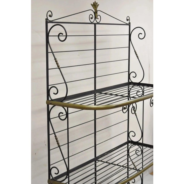 French Country Vintage French Bakers Rack 3 Tier Scrolling Wrought Iron and Brass Etagere For Sale - Image 3 of 12