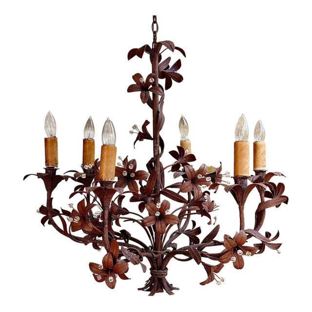 Vintage Italian Tôle Chandelier With Rustic Metal Leaves and Floral Motifs Accented With Crystals, 6 Lights For Sale