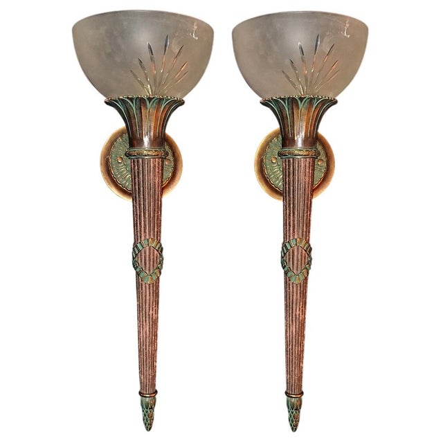 Antique Wall Sconces in Patinated Bronze and Frosted Glass, 1920s, Set of 2 For Sale - Image 6 of 6