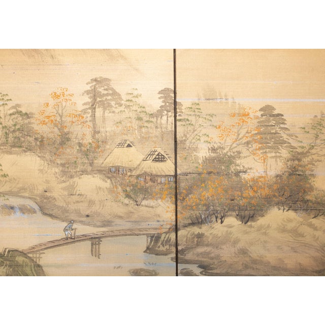 Wood 1960s Shōwa Era Japanese Byobu Screen, "Mountain Landscape With River and Bridge" For Sale - Image 7 of 18