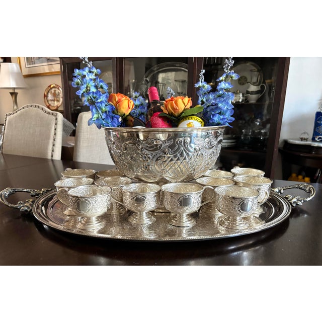 Art Nouveau 1920’s Sheffield England Hand Chased Repousse SilverPlate Punch Bowl W/12 Cups For Sale - Image 3 of 12