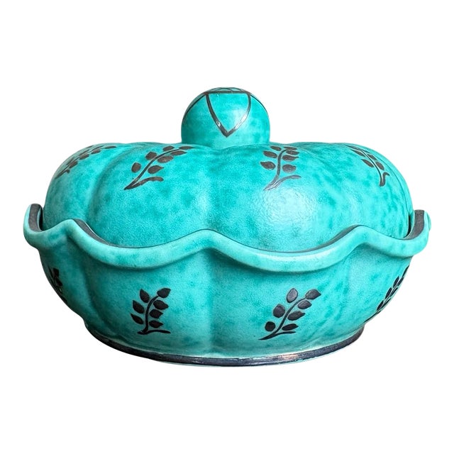 1940s Wilhelm Kåge for Gustavsberg 'Argenta' Round Lattice and Leaves Teal Trinket Box / Sweden For Sale