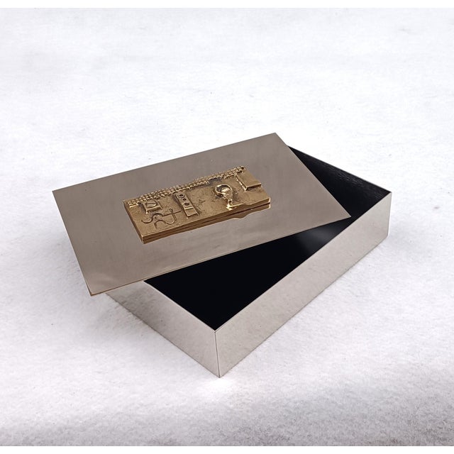 Chromed Metal Box with Carved Gilded Bronze Plate, 1980s For Sale - Image 3 of 8