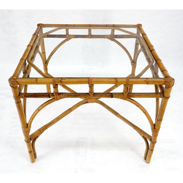 Glass Top 34" Square Mid Century Modern Burnt Bamboo Game Dinette Table MINT For Sale - Image 13 of 17