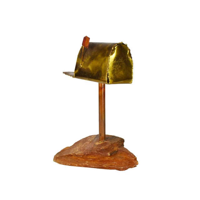 1980s Handmade Brass Copper Mail Box Note Holder Decor on Stone Base For Sale - Image 6 of 9