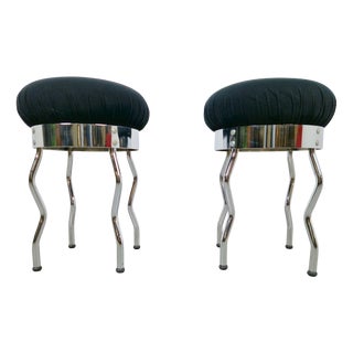 Vintage Uri Stools with Waved Chrome Legs and Black Seats by Per Ivar Ledang for Ikea, 1995, Set of 2 For Sale