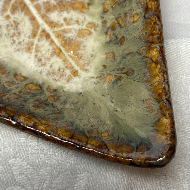 Ceramic Studio Art Pottery Glazed Heart Leaf Print Trinket Dish Tray, Signed For Sale In Cleveland - Image 6 of 11