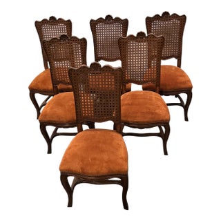 Vintage French Provincial Style Cane Back Dining Chairs With Suede Seats -Set of 6 For Sale