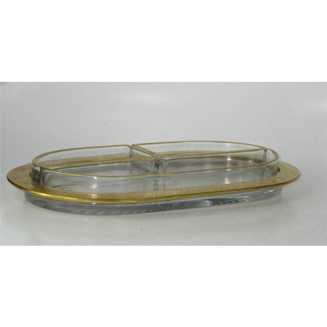 1950s Ovel Racetrack Style Divided Tray 3 Serving Inserts Vintage Pressed Glass Gold Racetrack Style For Sale - Image 6 of 12