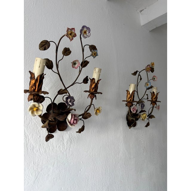Late 19th Century Rare 3 Sets, 6 Italian 19th Century Tole & Porcelain Roses Polychrome Sconces For Sale - Image 5 of 6