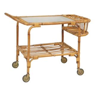 1950s Italian Mid-Century Glass-Top Bamboo & Rattan Bar Cart For Sale