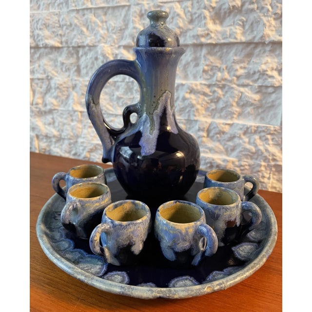 Vintage 1930s Studio Art Pottery Pitcher With Stopper, Six Cups and Serving Tray Signed by Emile Mousseux for Marlotte- 9 Pieces For Sale - Image 4 of 12
