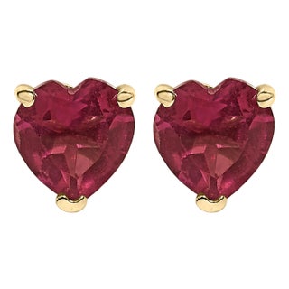 14K Yellow Gold 5MM Heart Cut Ruby Solitaire Stud Earrings For Sale