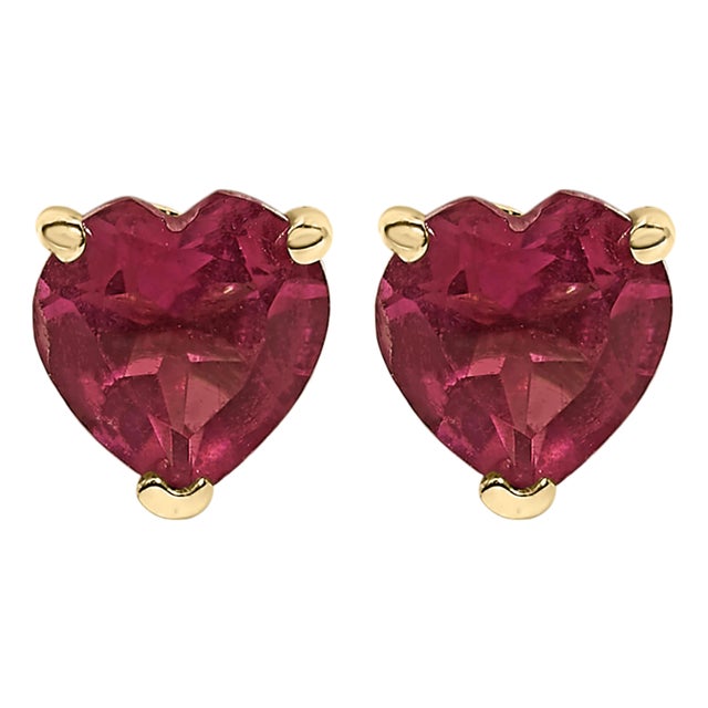 14K Yellow Gold 5MM Heart Cut Ruby Solitaire Stud Earrings For Sale