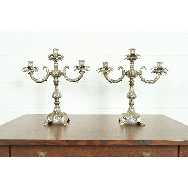 Tiffany & Co. Style Antique Victorian Silverplate Three-Light Candelabras, Pair For Sale - Image 12 of 12