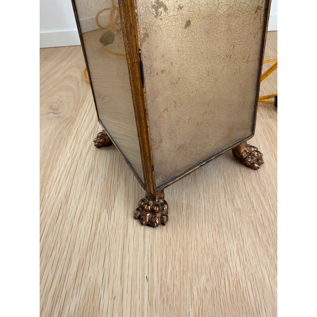Mid 20th Century Neoclassical Mid-Century Antiqued Mirror Obelisk Table Lamps With Gilt Paw Feet - Pair For Sale - Image 5 of 10