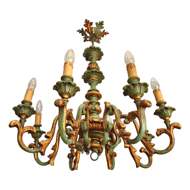 Antique Louis XV Rococo Baroque Florentine Chandelier with Eight Arms Gilded with Gold Leaf, Italy, 1920s For Sale