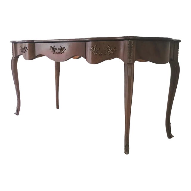Vintage French Walnut Leather Top Long Desk For Sale