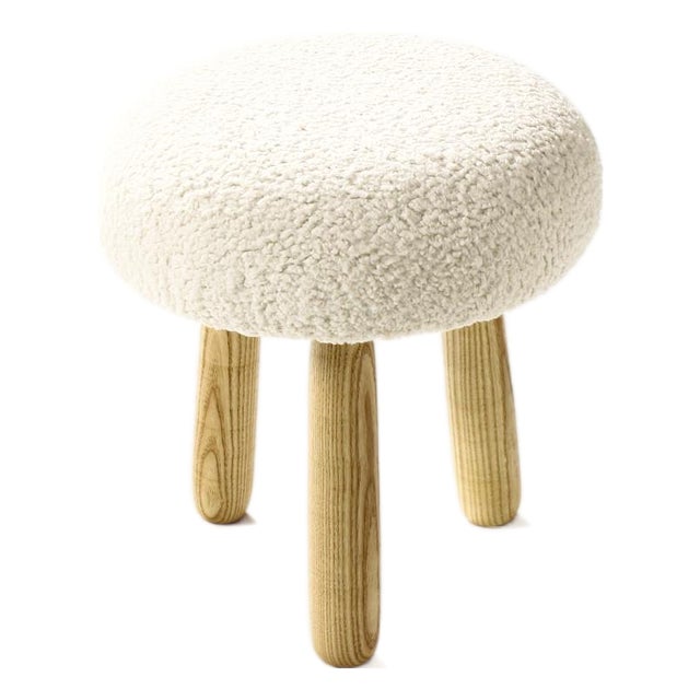 Custom Awassi Tripod Ottoman Footstool — Turned Ash Legs — Pearl Bouclé For Sale