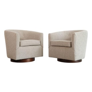 Edward Wormley for Dunbar Swivel Chairs in Mahogany and Taupe Boucle, C. 1950s For Sale