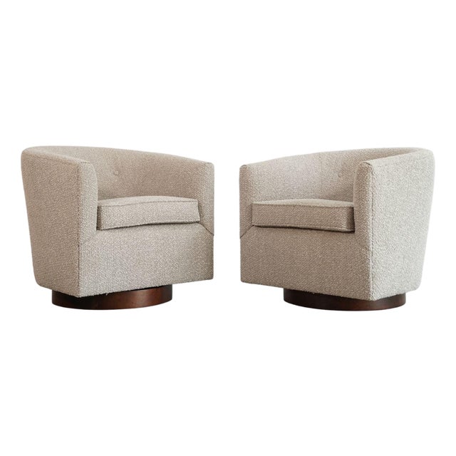 Edward Wormley for Dunbar Swivel Chairs in Mahogany and Taupe Boucle, C. 1950s For Sale
