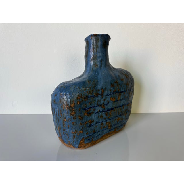 Blue Vintage Organic Blue Glazed Studio Pottery Vase, Signed JLM/ Sold For Sale - Image 8 of 12