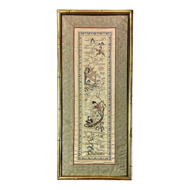 Mid 20th Century Chinese Embroidered Silk Panel in Giltwood Faux Bamboo Frame For Sale