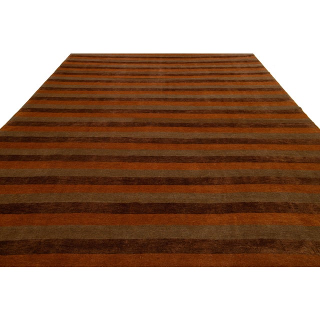 10 X 13 Contemporary Tibetan Wool and Silk Rug With Earth Tones Striped Design For Sale In New York - Image 6 of 8