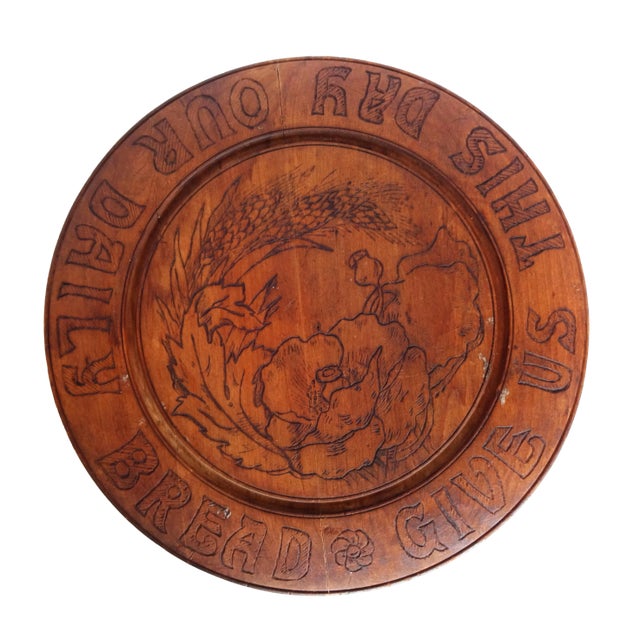 Antique Art Nouveau Round Hand-Carved Bread Board With Poppies and Wheat For Sale