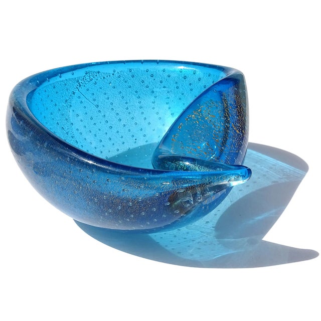 Mid 20th Century Vintage Murano Sapphire Blue Gold Flecks Control Bubbles Italian Art Glass Tear Water Drop Dish Bowl For Sale - Image 5 of 8