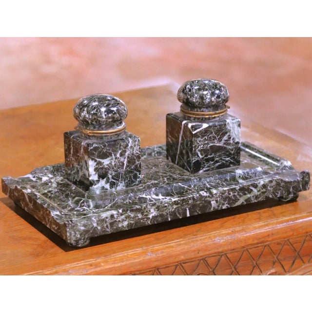 Decorate a desk, library, or study with this elegant antique French double inkwell. Crafted in France circa 1880 during...