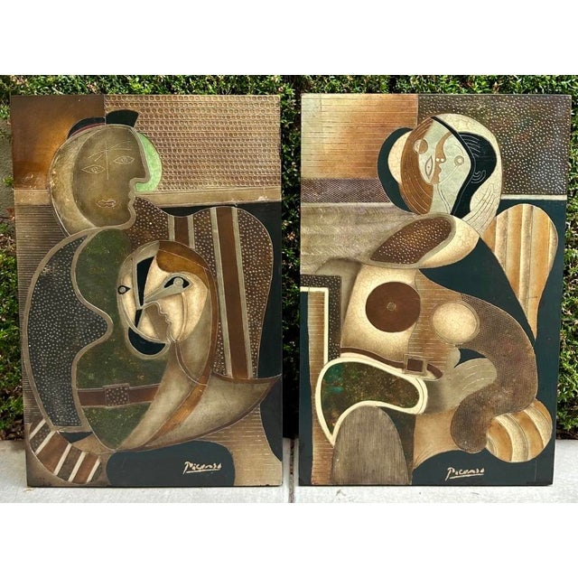 Wood Pair Mid-Century Picasso-Style Carved & Gilded Wood Panels Attributed to Enrico Baj For Sale - Image 7 of 18