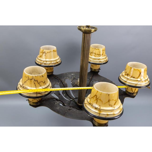 French Art Deco Bronze Chandelier with Marbled Beige Mushroom Glass Shades, 1930s For Sale - Image 17 of 18