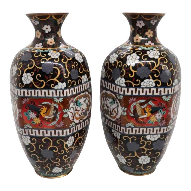 Japanese Meiji Cloisonne Enamel Hexagonal Baluster Vases - A Pair For Sale