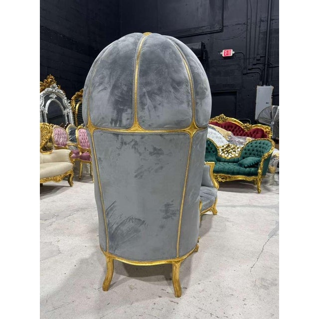 French French Balloon Chair – Gray Velvet High-Back Canopy Chair For Sale - Image 3 of 10