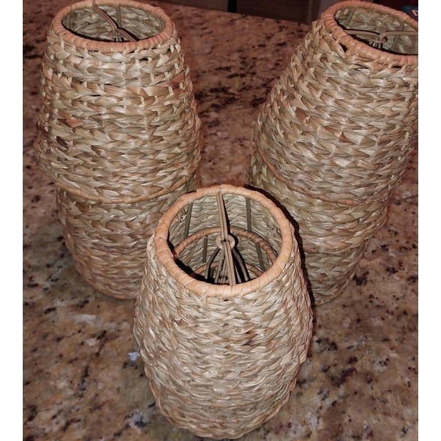 A fantastic set of 12 handwoven water hyacinth clip on shades. 3" at the top, 5" at the bottom width, 5" high They are...