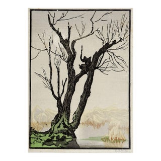 Early 20th Century Elsie Garrett Rice Mountains and Tree Foggy Day Woodcut For Sale