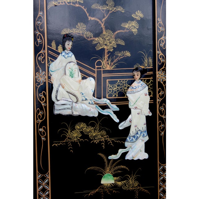 Vintage Chinese Black Lacquer Mother-of-Pearl Inlay Wall Panels - Set of 4 Chinoiserie Scenic Figures & Pagoda Landscape Art For Sale - Image 4 of 18