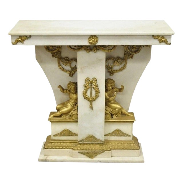 Early 20th Century French Louis XV Style Marble & Figural Bronze Ormolu Console Table W/ Cherubs For Sale