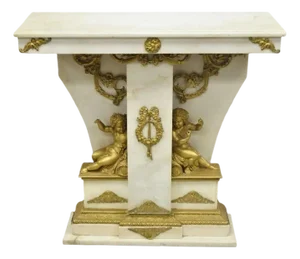 Early 20th Century French Louis XV Style Marble & Figural Bronze Ormolu Console Table W/ Cherubs