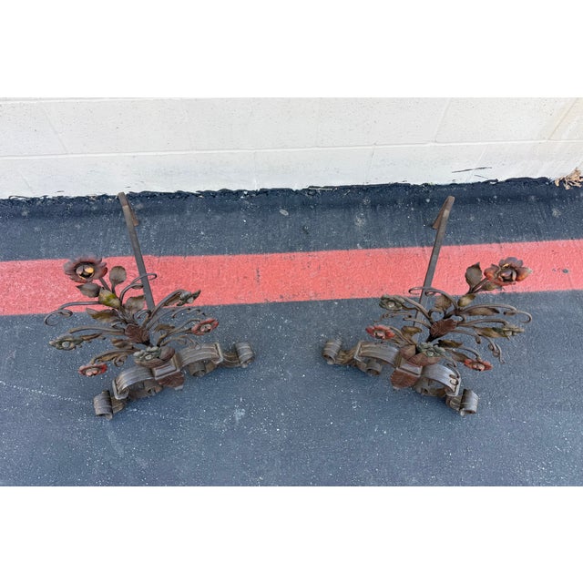 Rustic Pair of 19th Century Italian Wrought Iron Floral Andirons With Scroll Legs For Sale - Image 3 of 18