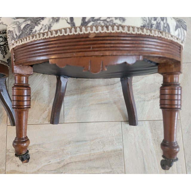 Wood Antique Victorian Toile Upholstered Parlor Slipper Chairs on Casters – A Pair For Sale - Image 7 of 17
