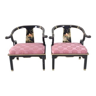 Pair of James Mont Style Hand Painted Mid Century Furniture Ming Chinese Horseshoe Chairs by Pam Bolick For Sale