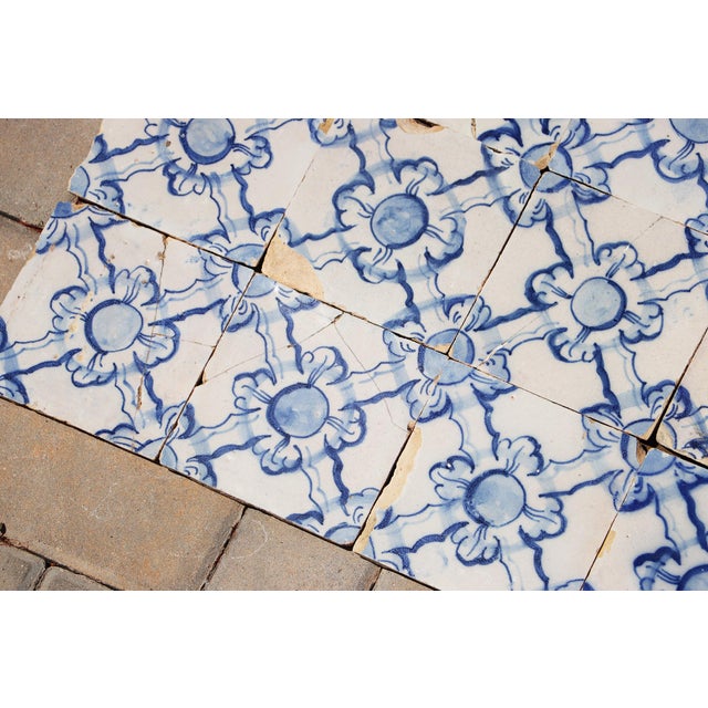 Antique 18th Century Portuguese Blue & White Tiles Set of 61 With Repeating Floral-Geometric Pattern For Sale - Image 6 of 18