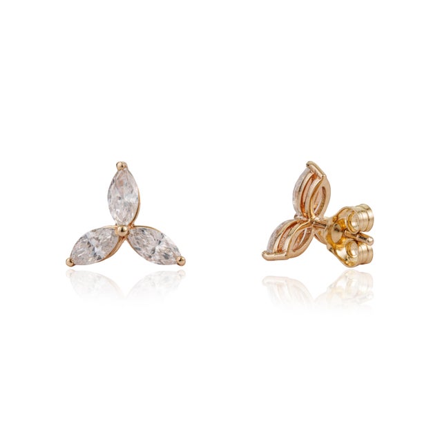 Metal 14k Yellow Gold 1ct Marquise Diamond Trio Flower Modern Stud Earrings- A Pair For Sale - Image 7 of 15