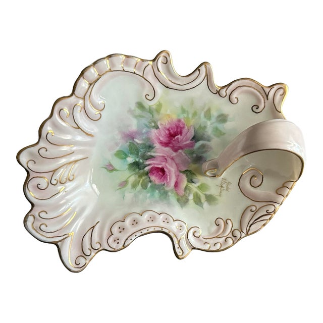 Twentieth Century Hand Painted Gold Gilt Pink Roses Jewelry Trinket Dish For Sale
