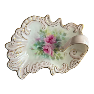 Twentieth Century Hand Painted Gold Gilt Pink Roses Jewelry Trinket Dish