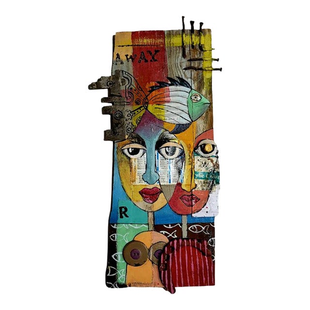 Funky Folk Art Painting on Raw Wood - For Sale