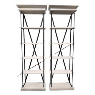 Pair of Restoration Hardware French Library Oak & Iron Open Shelving Étagères For Sale